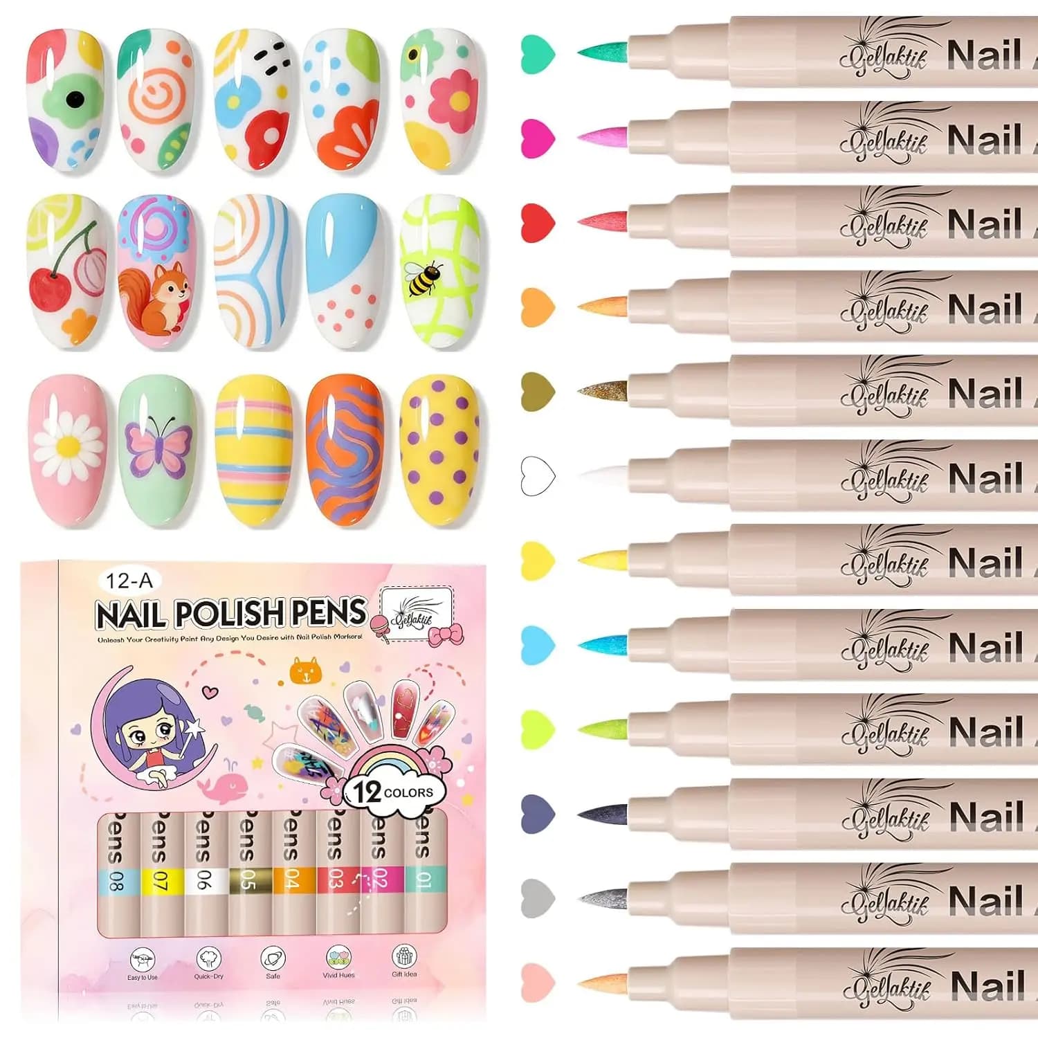 Set of 12 Nail Art Pens, Fast Drying Acrylic Markers with Scratch Brush for Fai-da-Te Manicure at Home or in Salone