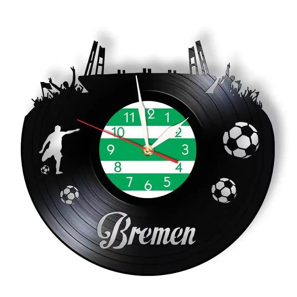 Bremen City Skyline Wall clock with vinyl disc Kids room decoration for home German football field art wall clock Football fans gift
