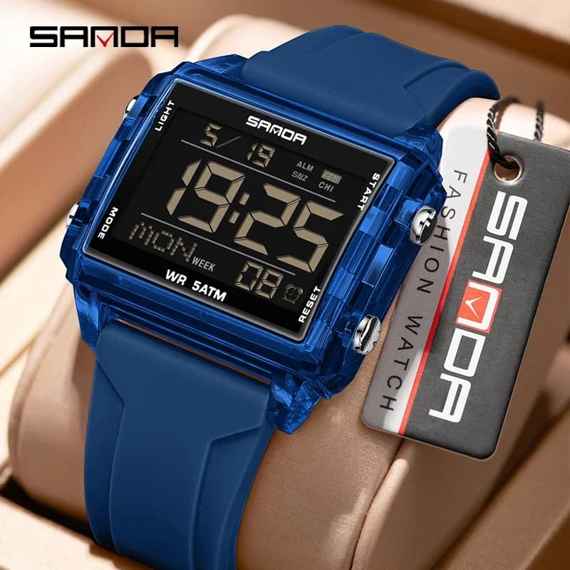 SANDA nuovi uomini donne orologio elettronico quadrante quadrato moda conto alla rovescia timer orologio impermeabile LED luminoso orologio sportivo analogico digitale