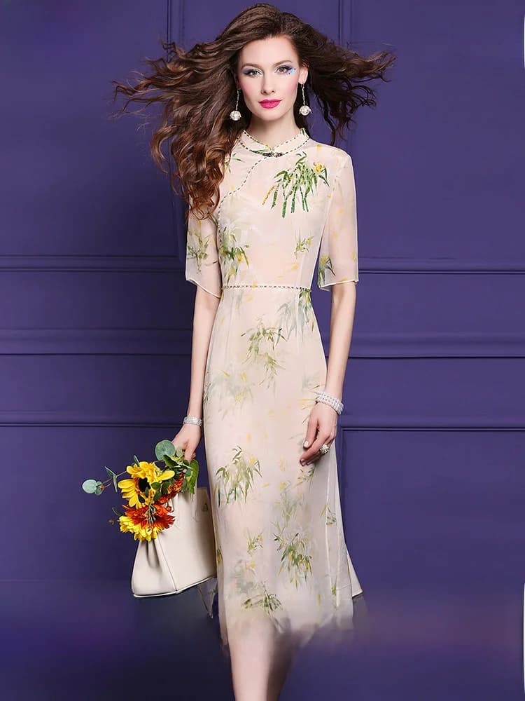 Abito in Seta Stampata 100% Phoebe Dream I, Vestito Estivo da Donna in Stile Cinese di Alta Gamma con Perline e Gonna Migliorata
