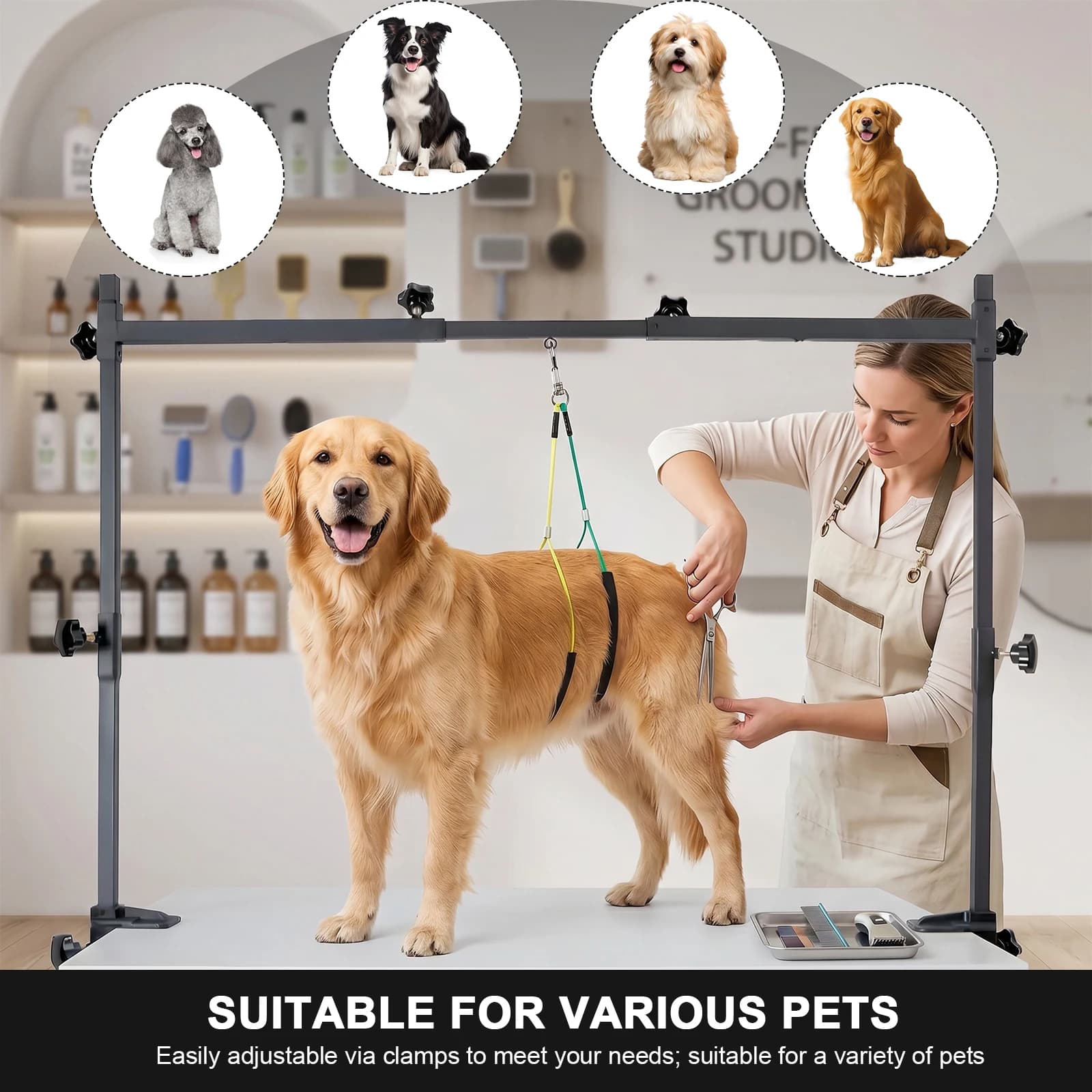 Heavy-Duty Dogs Groomings Station with Clamp&3 Loop Noose Dog Groomings Kit Height Width Adjustable for Pets Bathing & Brushing