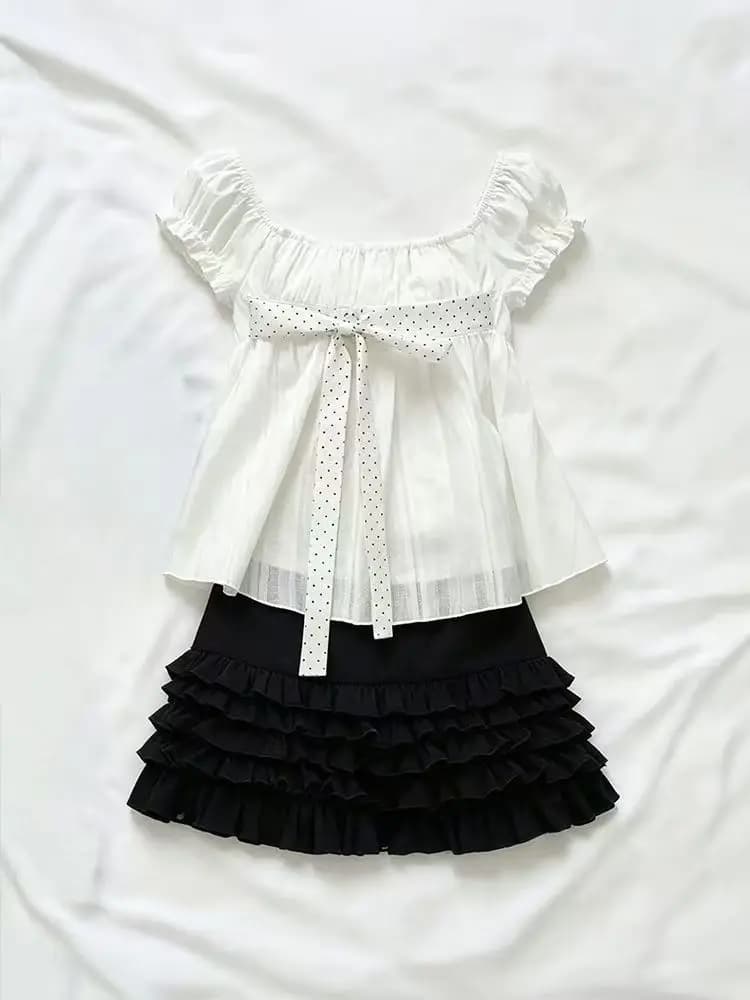 Cute Korean Fashion Polka Dot Bow Puff Sleeve White Black 2-piece Set Blouse Ruffle Shorts Women Girls Daily Streetwear Outfit