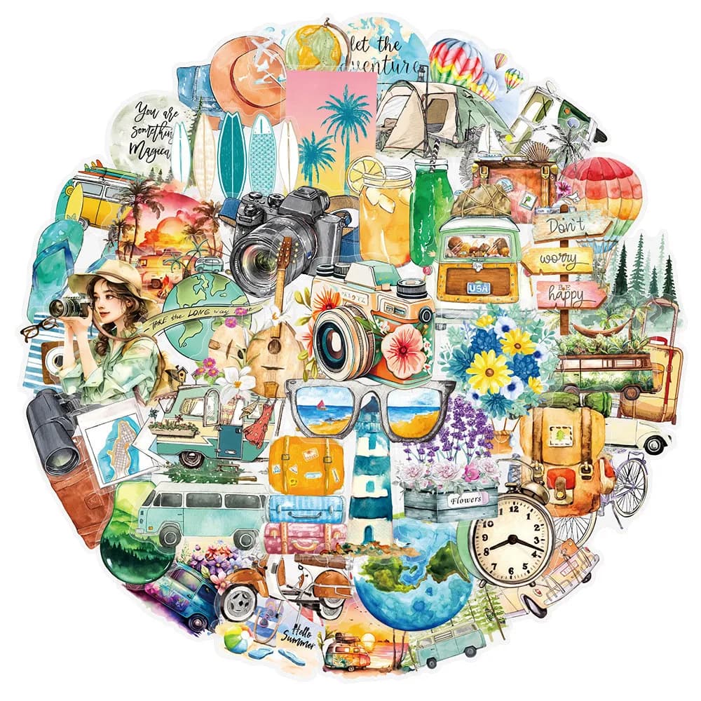 Adesivi da viaggio semplici e trasparenti da 50 pezzi: tema esterno con disegni di mappe, ideali per materiali di diario e decorazioni fai da te per bagagli