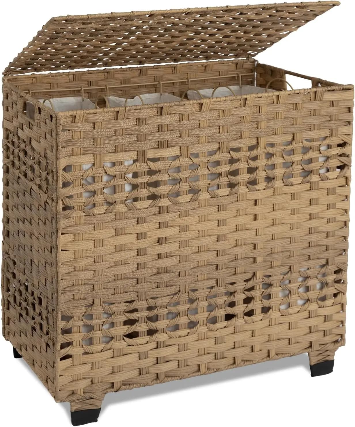 140L Folding Wallet with Cover and 3 Removable Bags, Synthetic Wicker Basket for Bedroom, Yellow