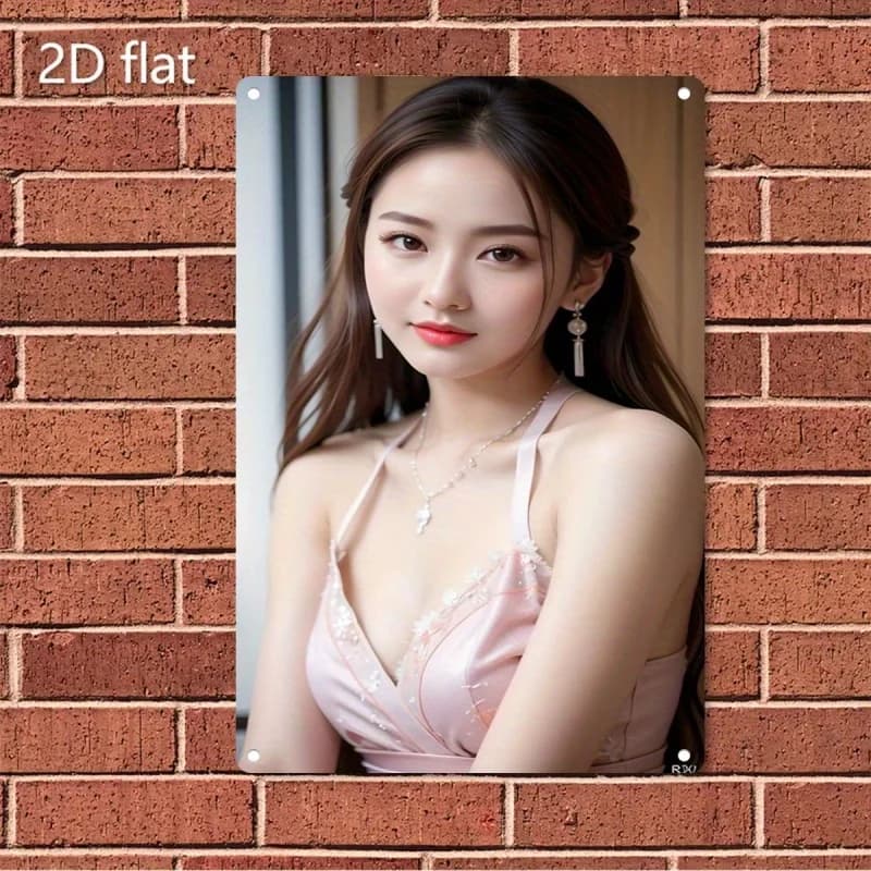 Rustic Retro Advertising Sign for Home Decor，Metal Poster - Elegant Female Face & Pastel Pink Blush Art - Korean-Style Minimalis