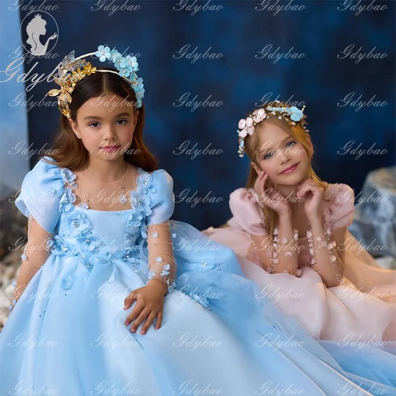Abito da ragazza di fiore rosa personalizzato per matrimonio Abito da prima comunione per festa di compleanno per bambini in tulle a maniche lunghe con applicazioni gonfie