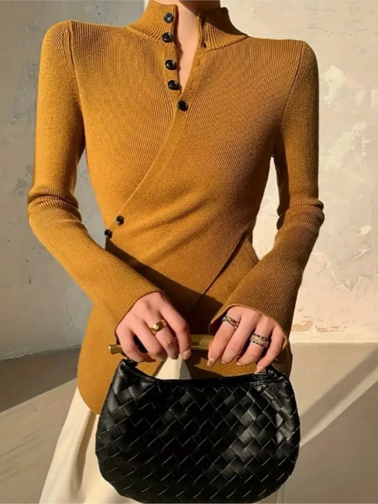 Pullover lavorato a maglia tinta unita elegante da donna Moda autunnale Colletto in piedi Maglione a maniche lunghe Maglioni caldi da donna invernali