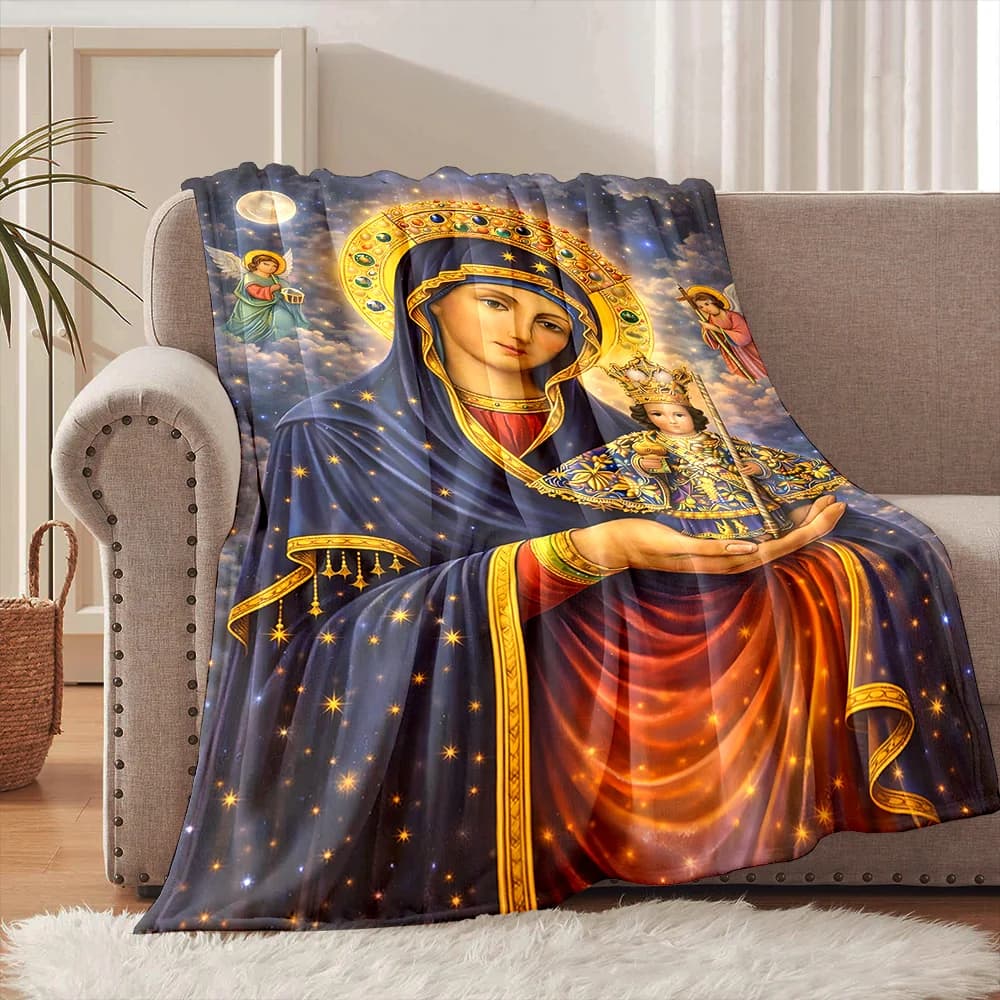 1PC Coperta in flanella con stampa della Vergine Maria con Bambino e Angeli, morbida e calda, adatta per casa, viaggi, picnic, campeggio, camper