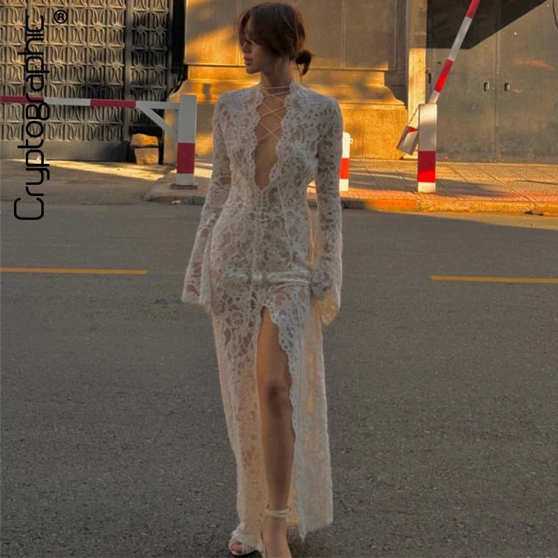 Abito maxi drappeggiato trasparente in pizzo scavato crittografico per le donne Abiti sexy a maniche lunghe con lacci e fasciatura Coquette Vestido