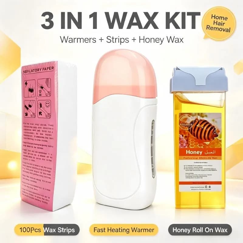 Roll on Hair Removal Wax Kit Portable Wax Heater Honey Roller Wax 100Pcs Depilatory Paper Strips Home DIY Body Waxing Supplies