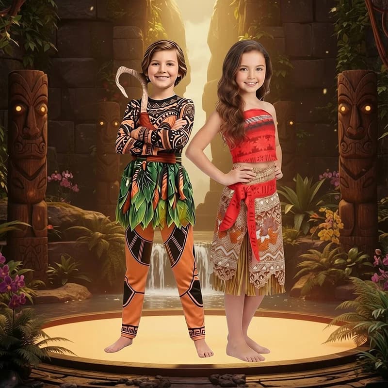 2026 Ocean Adventure Moana Girl Dress And Maui Clothes Tattoo Pants Boys Costume Kid Cosplay Halloween Birthday Carnival Outfits