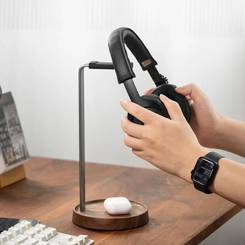 Headphone Stand For Desk Walnut Wood Aluminum Music Gaming Headset Desktop Holder With Wooden Storage Base Display Rack Hanger