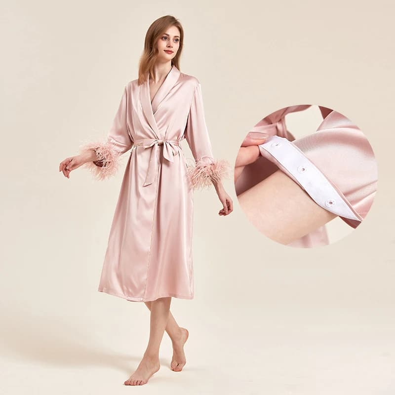 Luxury Dust Feather Bridesmaid Dress Kimono Bathrobe Vestaglia Sexy Night Shirt Nightwear Nightwear Silk satin Homewear