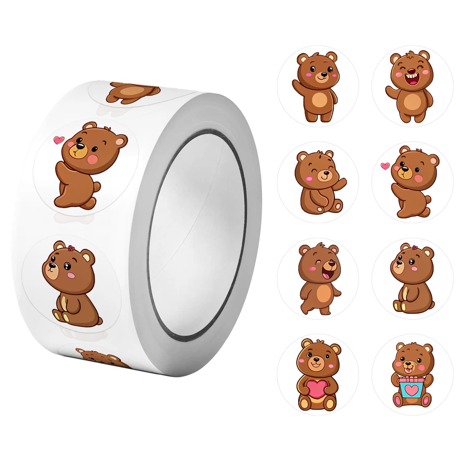 1 rotolo (500 pezzi) simpatici orsi adorabili con adesivi a forma di cuore 2,5 cm/1,0 '' 8 disegni decalcomanie fai da te adornano regalo per l'imballaggio di decorazioni per la casa