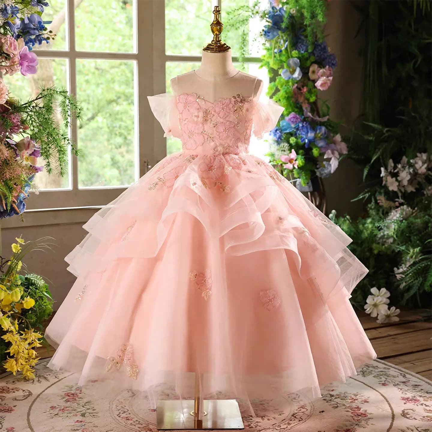 Dreamy Vow D225 Rosa con spalle scoperte Fiori a strati A-Line Abito da principessa in pizzo Abito da sposa Compleanno Vacanza Spettacolo Abito da festa