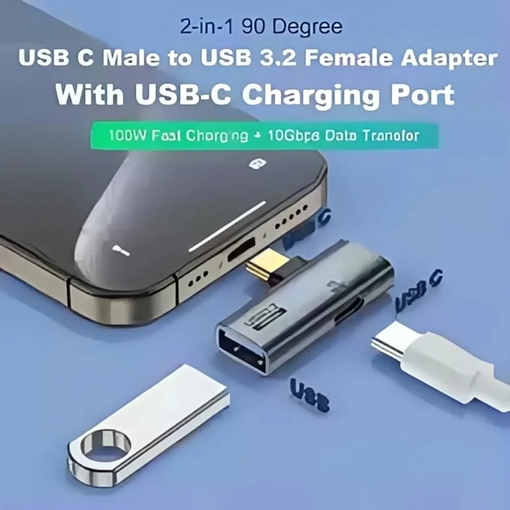 Adattatore OTG USB-C 2-in-1, da Tipo-C Maschio a USB-C Femmina + Splitter USB 3.2, Ricarica Rapida PD 100W per Laptop/Tablet