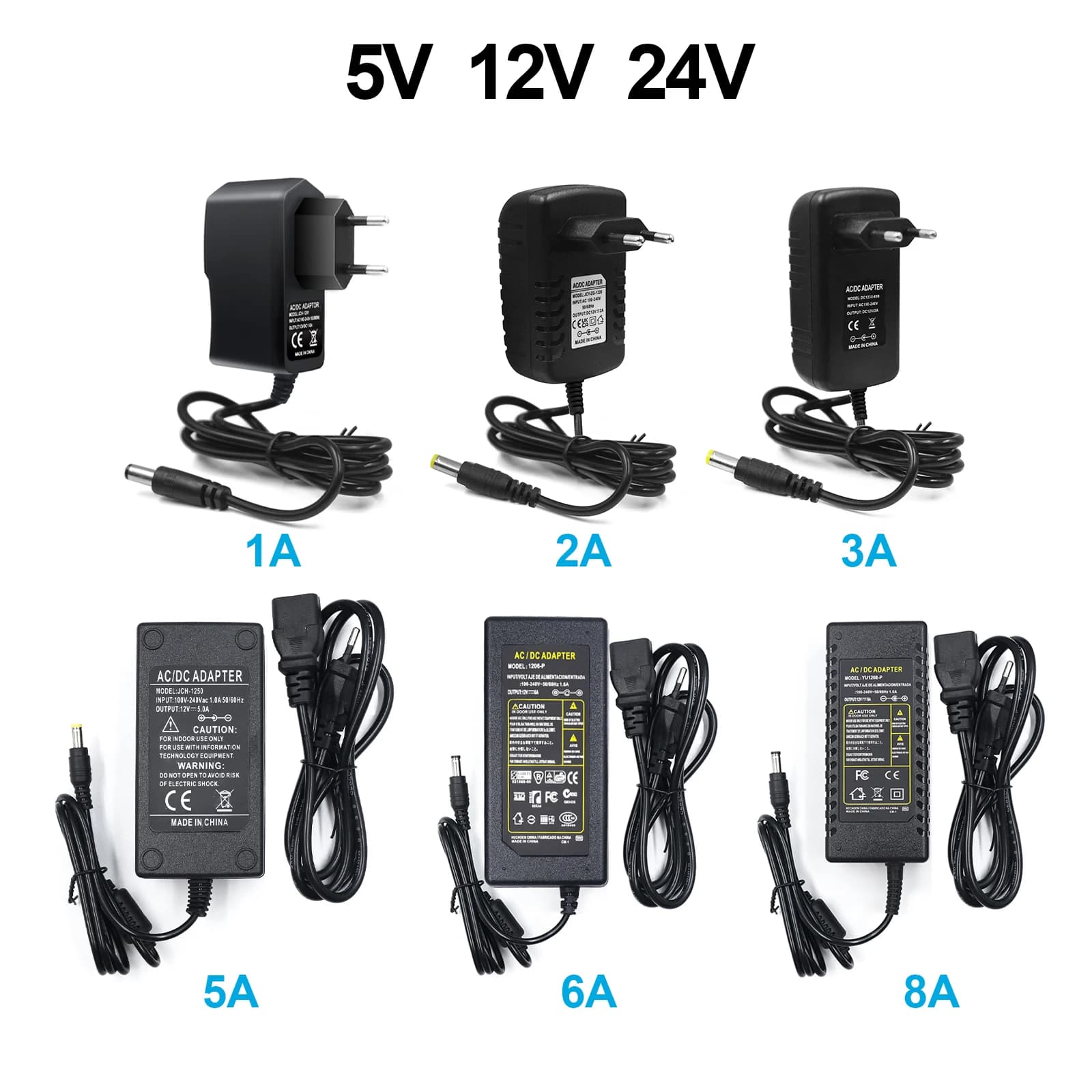 Adattatore di alimentazione LED 5V 12V 24V 2A 3A 5A 8A 10A 1A EU US AU UK Trasformatore spina 110V 220V AC a DC Caricatore per strisce LED Converti
