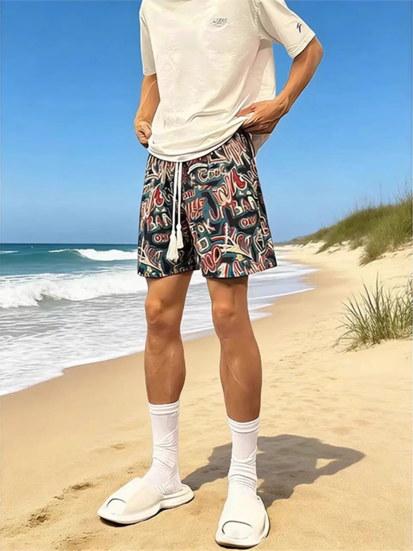 Hawaii Graffiti Beach Shorts Men's Summer Casual Loose Fit Sporty Five-Quarter Length Outerwear Beachside Apparel