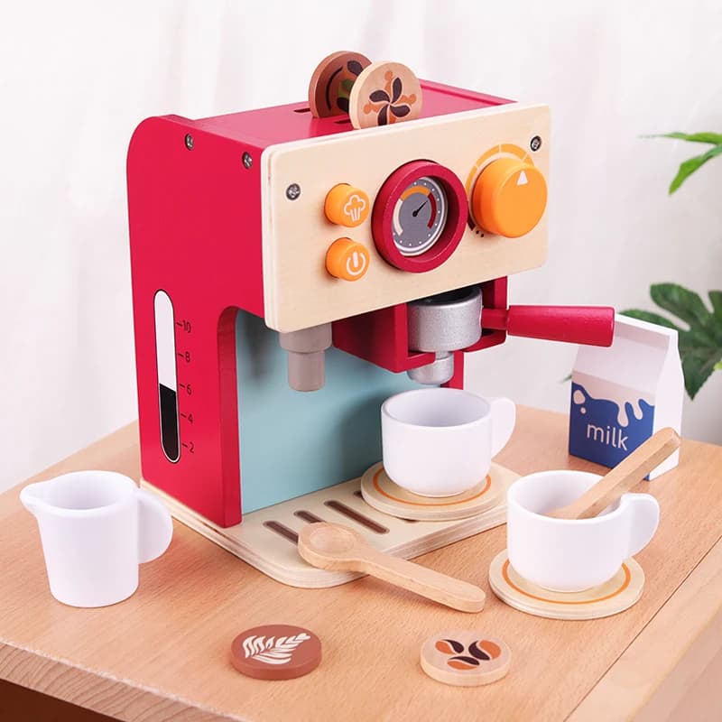 Macchina da caffè e set da cucina per il tè finta per bambini, giocattolo educativo in legno con blocchi da costruzione per la prima infanzia