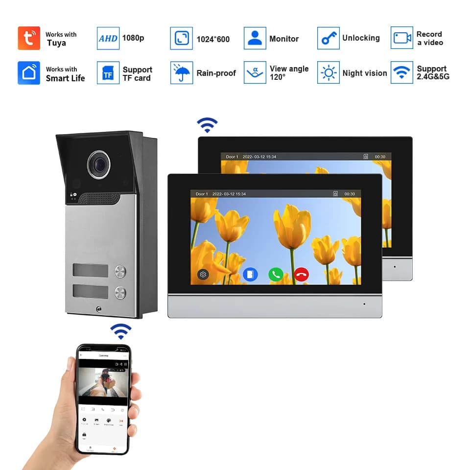 Videocitofono Wi-Fi AHD 1V2 a 4 Fili con Schermo Touch da 7 Pollici, Interfono Tuya APP 2.4G&5G, Telecamera Visiva per Porta