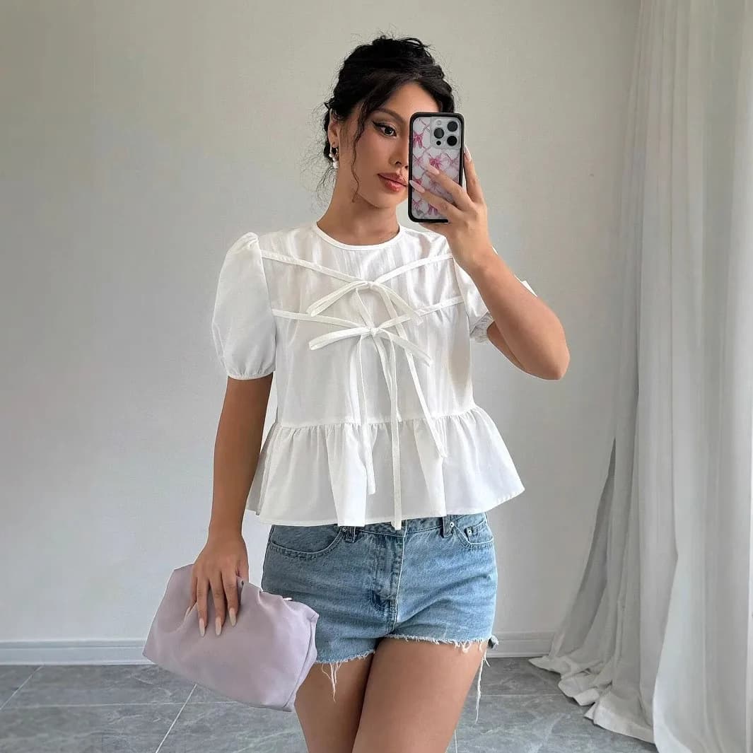 Fashionable Ladies' Leopard Print Hollow out Bubble Sleeve Shirt Korean Style Belted Short Length Top for Women