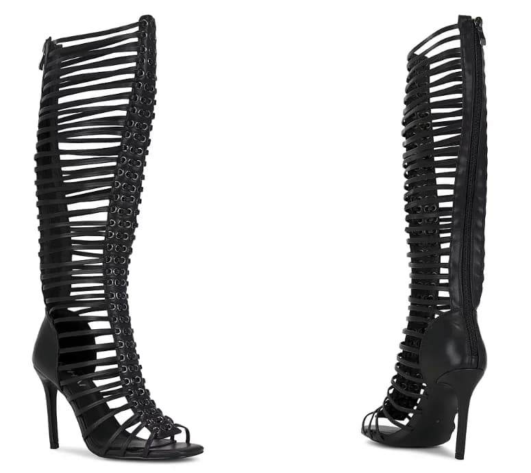 Women Black Caged Strappy Stiletto Heel Ankle Sandals Boots 2026 Summer New Tassel Zipper Fashion Party Catwalk Shoes Size 35-46