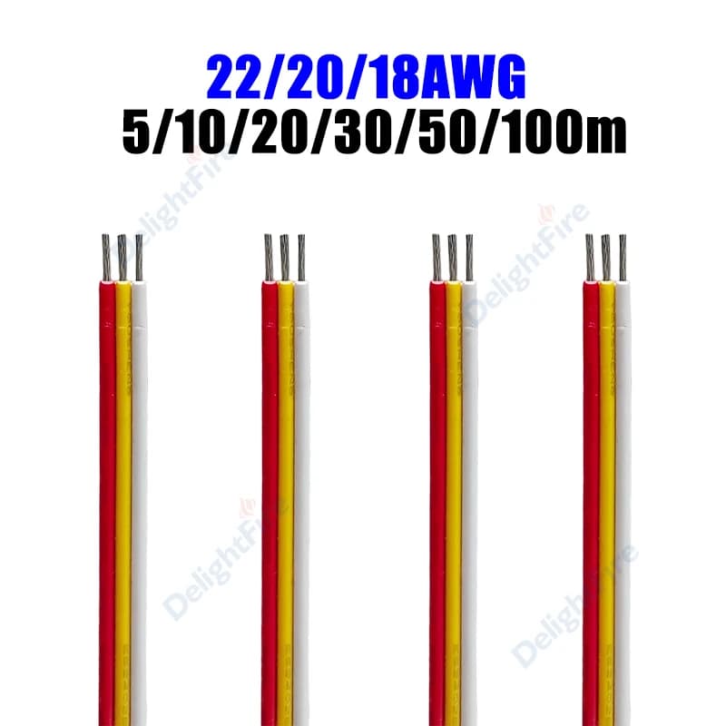Cavo di prolunga LED a 3 PIN in rame stagnato 18/20/22AWG 5/10/20/30/50/100m, fili elettrici per strisce LED 5050 3528 WS2811