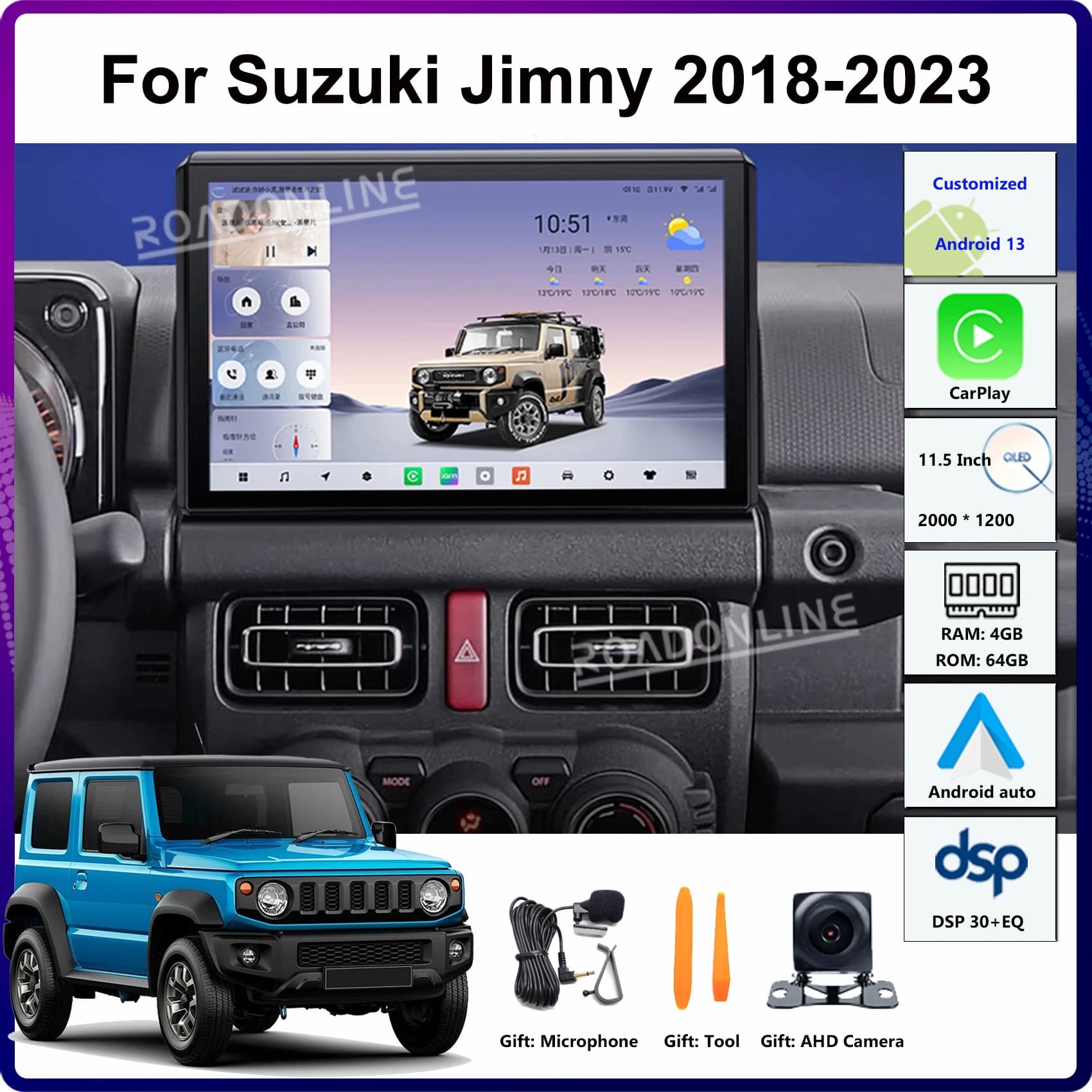 Autoradio Android 14 da 11.5 pollici per Suzuki Jimny 2019-2025, 2000*1200, 8-Core, Lettore Multimediale, GPS, Stereo, Ricevitore Radio, CarPlay