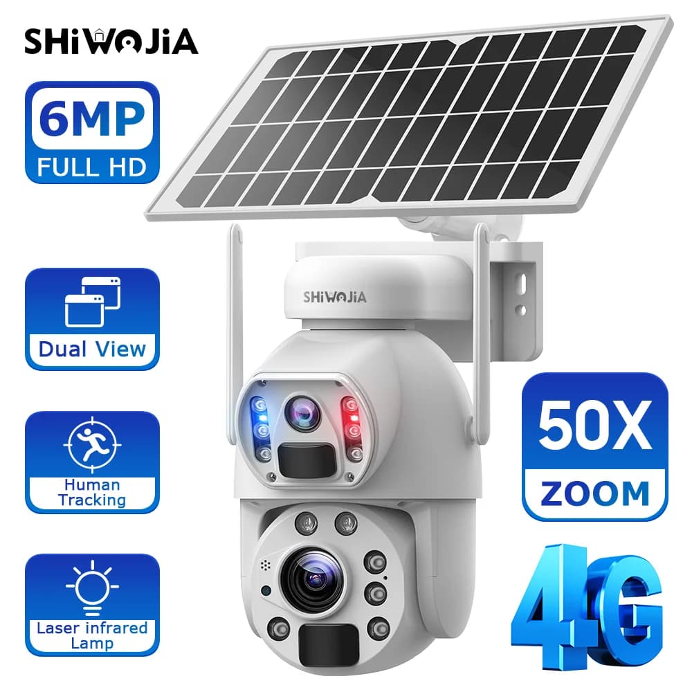 SHIWOJIA 50X Zoom 4G LTE Telecamera di sicurezza solare 6MP Visione notturna Dual-Lens WiFi esterno Batteria solare Telecamera PIR Rilevamento umano