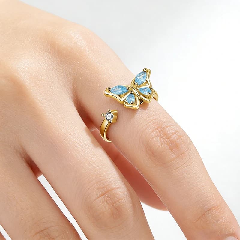 Anello di Lusso Girevole a Farfalla con Cristallo Blu, Gioiello Antistress, Anelli Delicati da Regalo per Ragazze, Accessori per Compleanno