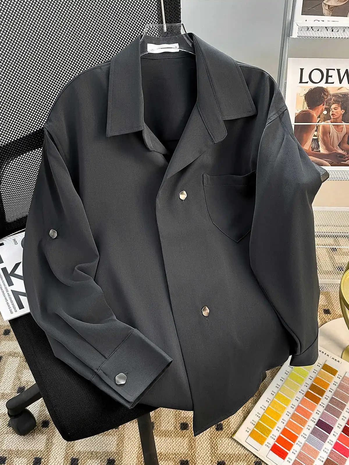 Women Dark Grey Polo-Neck Shirts Blouses Y2k 2000s Top Aesthetic Vintage Elegant Long Sleeve Oversize Shirt Clothes Autumn 2025