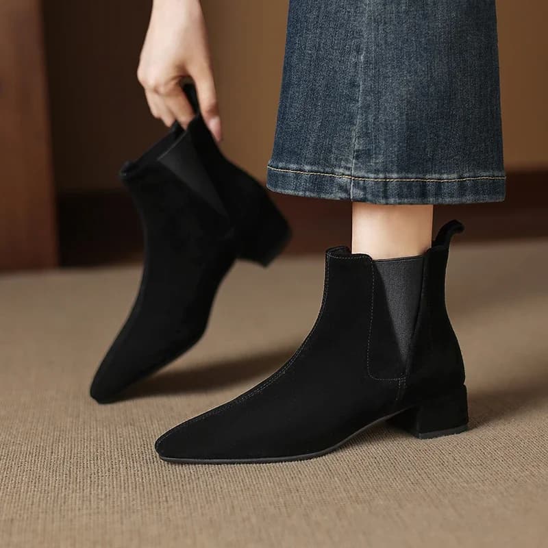2026 autumn winter women ankle boots natural leather plus size 22-26cm cow suede pointed toe thick heel chelsea boots fashion
