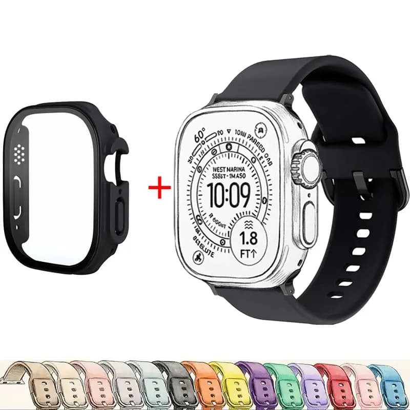 Silicone Strap+Case For Apple Watch Ultra 3 2 Band 49 Black/Sliver Connector Bracelet iWatch Ultra 49mm Smartwatch Accessories
