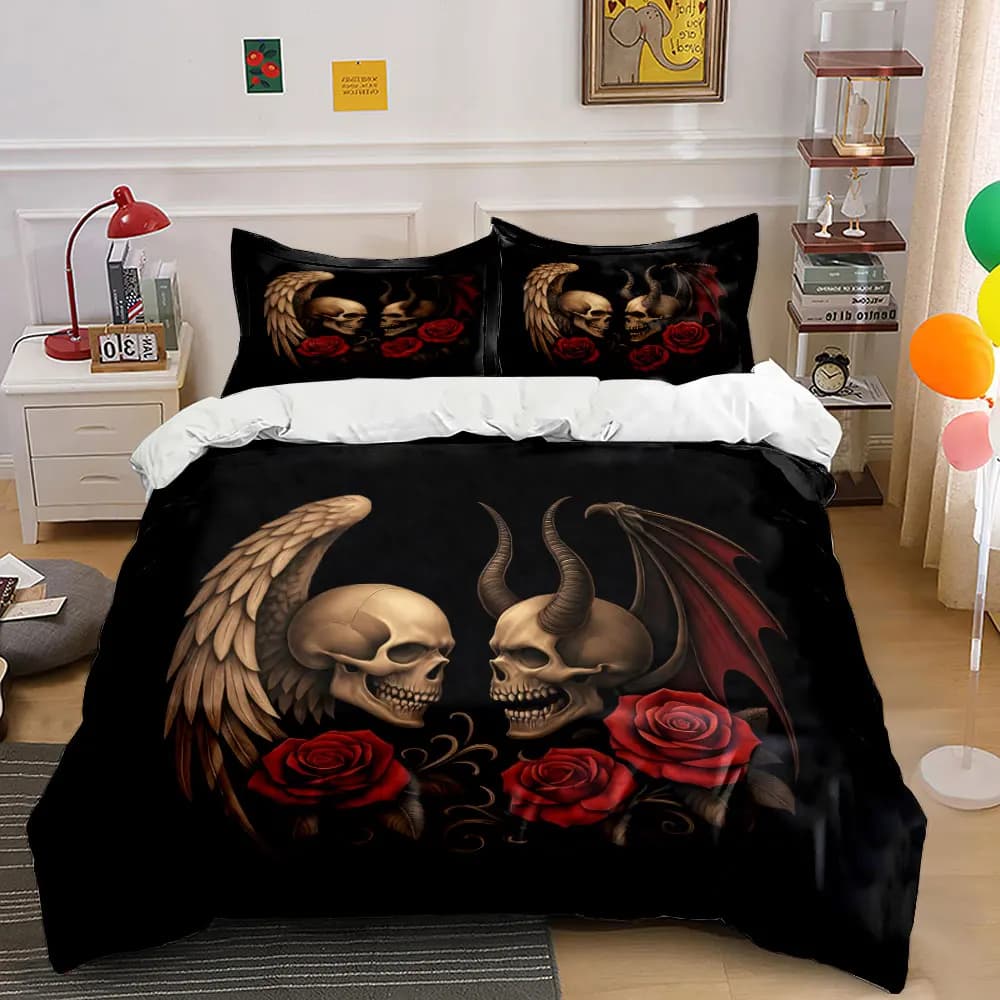 Set di biancheria da letto con teschio di angelo e demone, 3 pezzi, copripiumino con stampa di teschi gotici e rose + 2 federe, decorazioni in stile fantasy scura