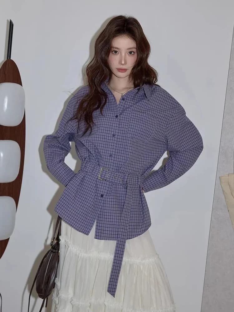 Vintage Purple Plaid Shirts Women Spring Autumn Long Sleeve Casual Belt Blouse Female Retro Loose Button Office Lady Korean Tops