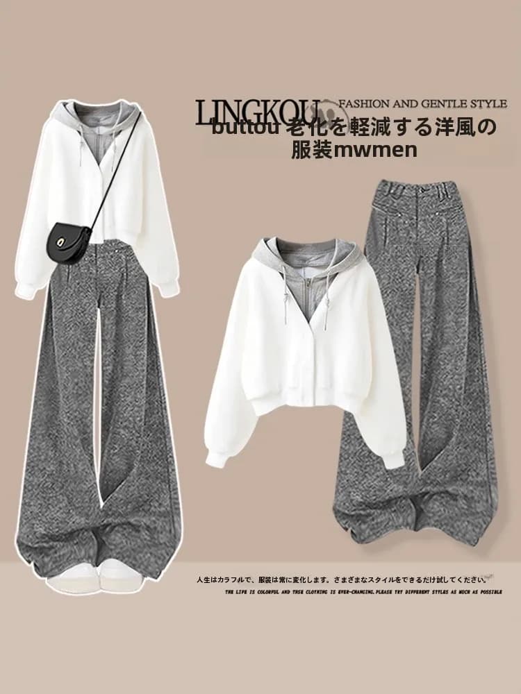 Fashionable Autumnal Two-Piece Set Women's Hoodie And Wide Leg Pants Ensemble Korean Style Loose Fit Polyester Fiber