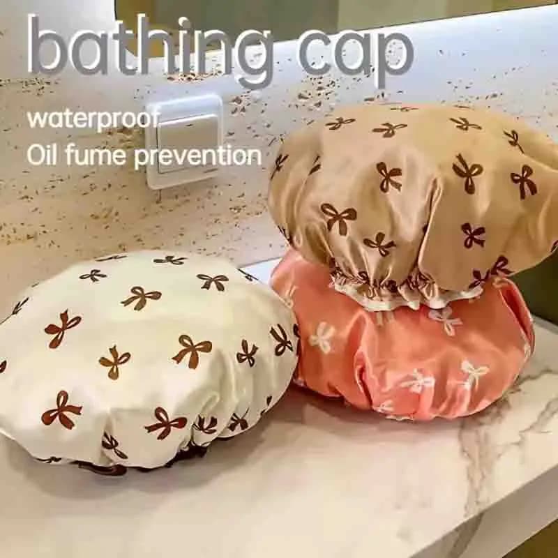Reusable 1/2/4/6 pieces waterproof shower headset for home use, double layer portable woman hair hats, printed headphones