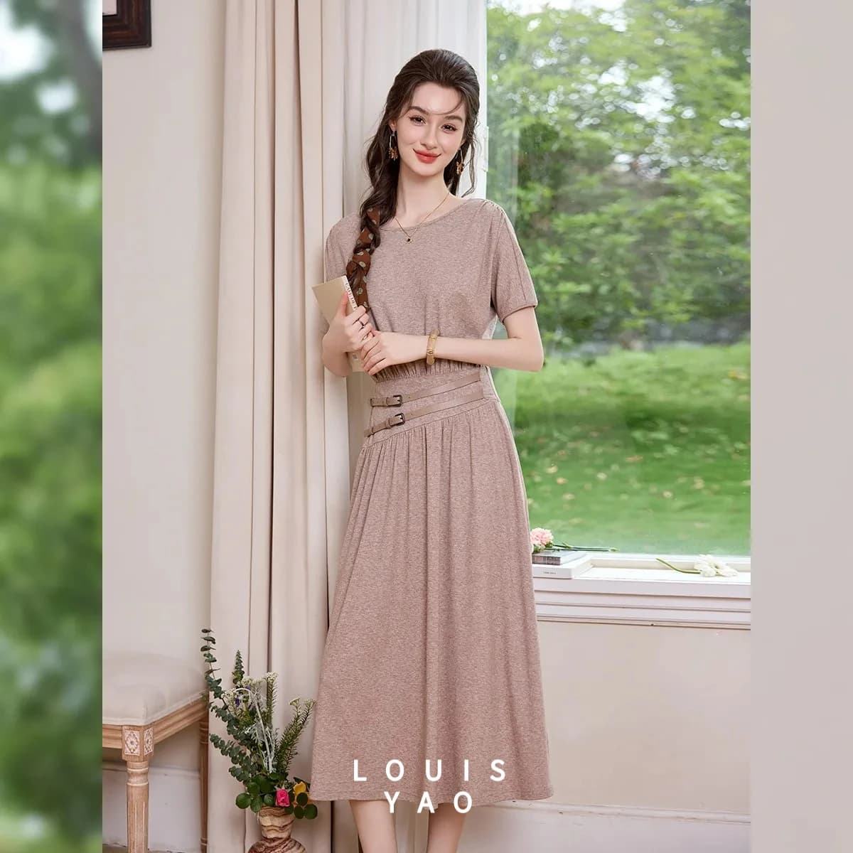 LOUISYAO 2026 Summer French Knit Dress Women's Crew Neck Short Sleeve Tie Waist Slim Fit Draped Long Dress