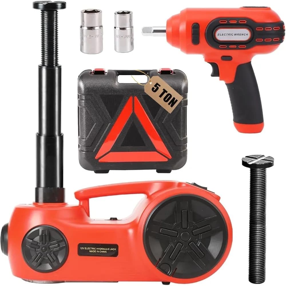Kit cric idraulico elettrico per auto aggiornato Portata di sollevamento portatile da 5 tonnellate 12V 20,9 pollici con avvitatore a percussione e pompa di gonfiaggio pneumatici