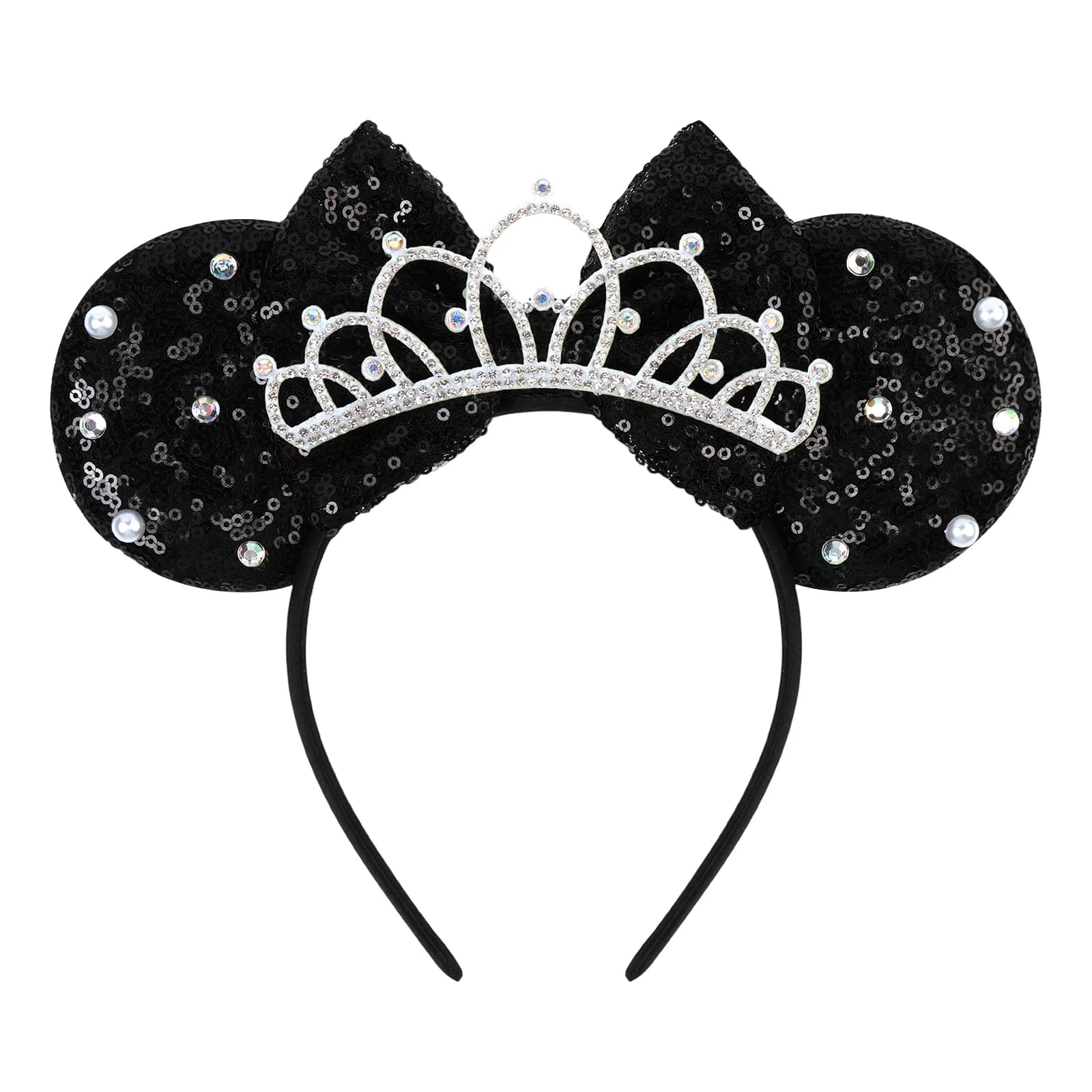 Black Sequin Mickey Mouse Ears Headband Princess Tiara Hairband Pearl Cartoon Hair Hoop For Women Girls Birthday Party Accessory