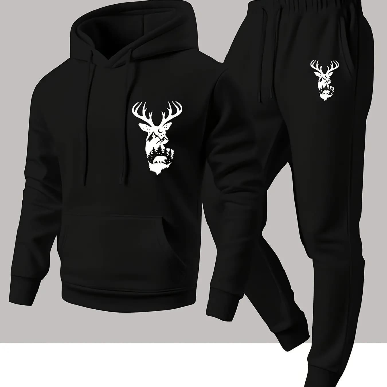 2026Men's stylish hooded elk heat transfer printed hoodie and sweatpants set, casual and versatile outdoor style two-piece set.