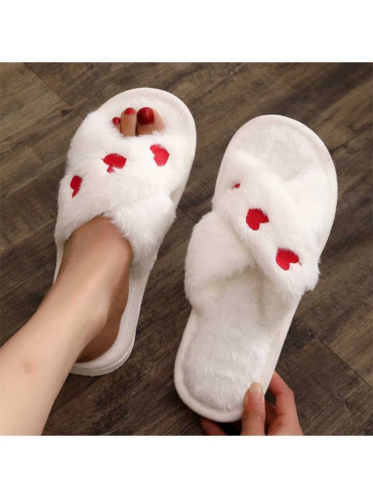 Pantofole da donna in cotone calde e alla moda con strisce incrociate, pelose, per tutte le stagioni, con suola spessa antiscivolo per pavimenti in legno