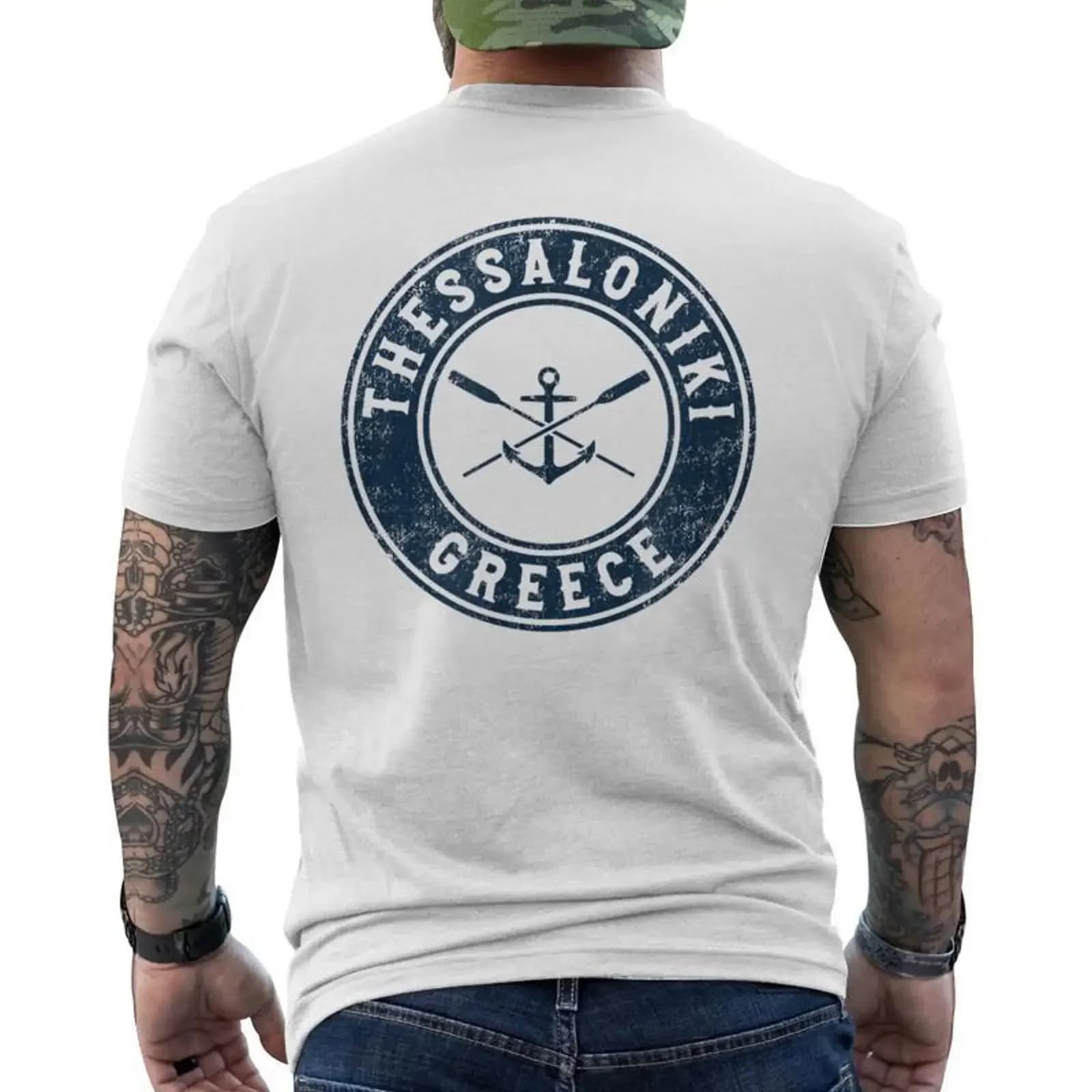 Thessaloniki Greece Vintage Boat Anchor Oars Men's T shirt Back Print Monsterry vintage Washed streetwear Casual Breathable