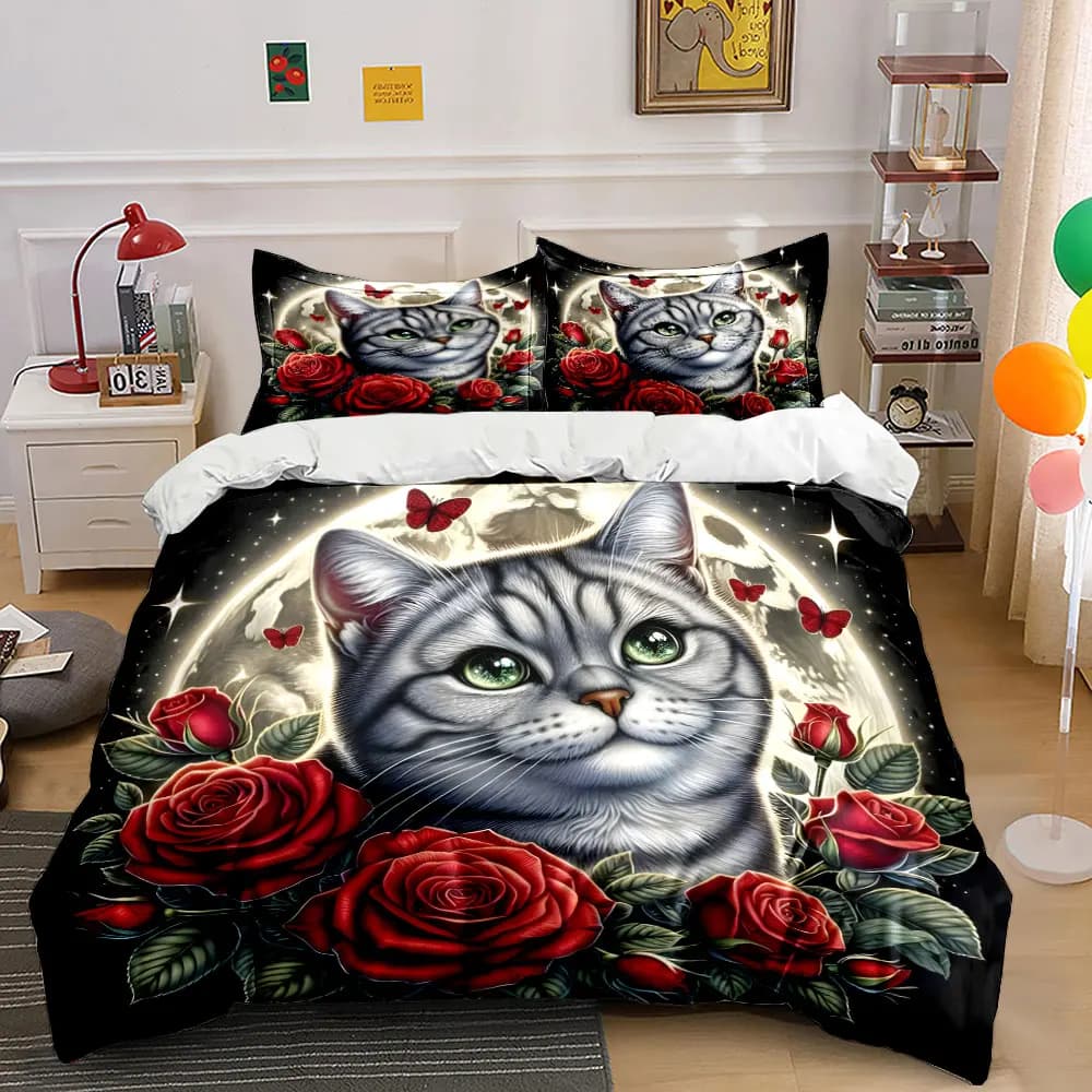 Set copripiumino con motivo luna piena, rose e farfalle, stampa digitale, biancheria da letto colorata in poliestere con chiusura a cerniera