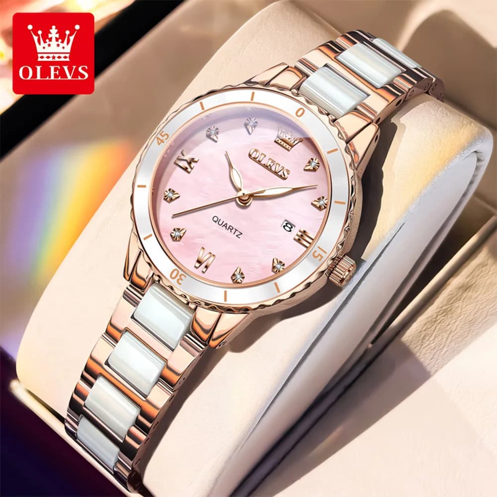 OLEVS 9985 Orologio da donna elegante Orologio al quarzo di lusso con diamanti semplici alla moda Cinturino in ceramica Orologio impermeabile Orologio da donna originale
