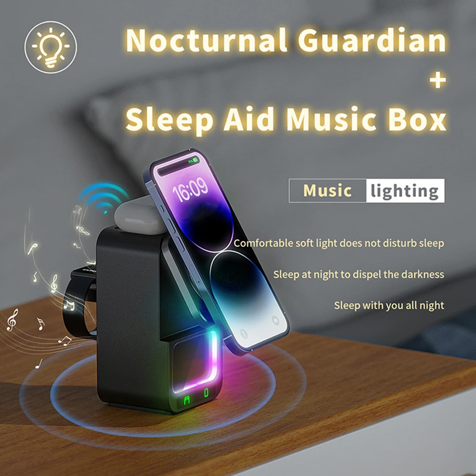BT 5 in 1 Speaker with Magnetic Charger 360 ° Adjustable Support with Wireless Charger for Apple Watch and iPhone 16 15 14 13 Pro Max