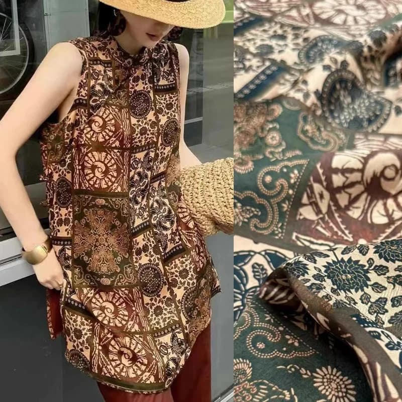 114 CM Width 25 MILLIMETRI Soft Printed Silk Fabric Brown for Summer Dress Comfortable Horse-face skirts DIY pants Material For sewing R2087