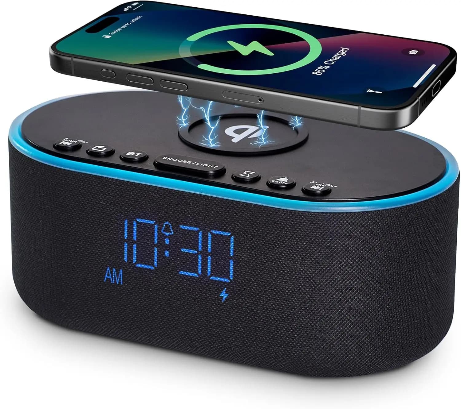 Sveglia con Ricarica Wireless Qi, Altoparlante Bluetooth 10W, Radio FM Dimmerabile per Camera da Letto in Nero