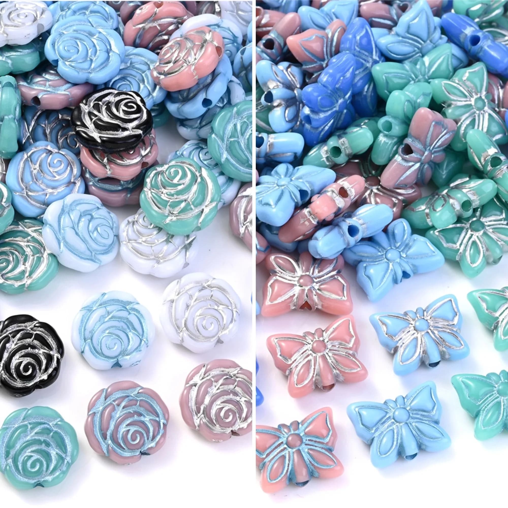 iYOE 50 pezzi di perline acriliche glitterate a forma di farfalla e rosa per la creazione di gioielli, braccialetti, collane, orecchini, regali per San Valentino