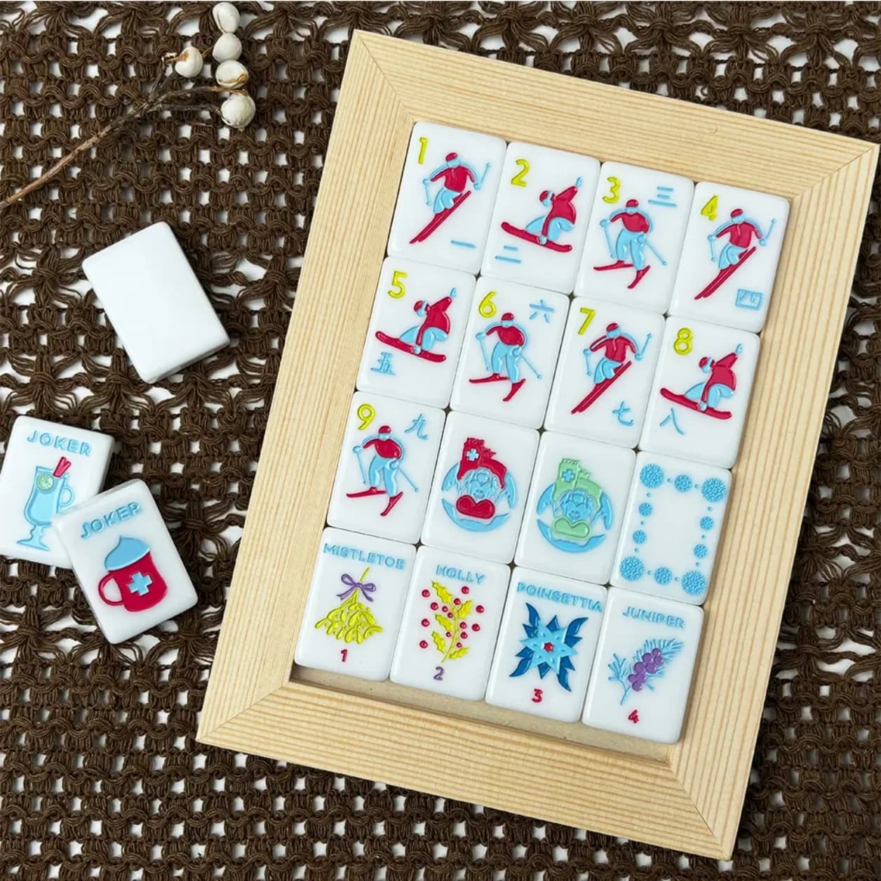 XTY 160-piece Luxury American-style Acrylic Snow White Ski Theme Mahjong, Customizable Carved Mahjong, 1.42*0.98*0.43 in